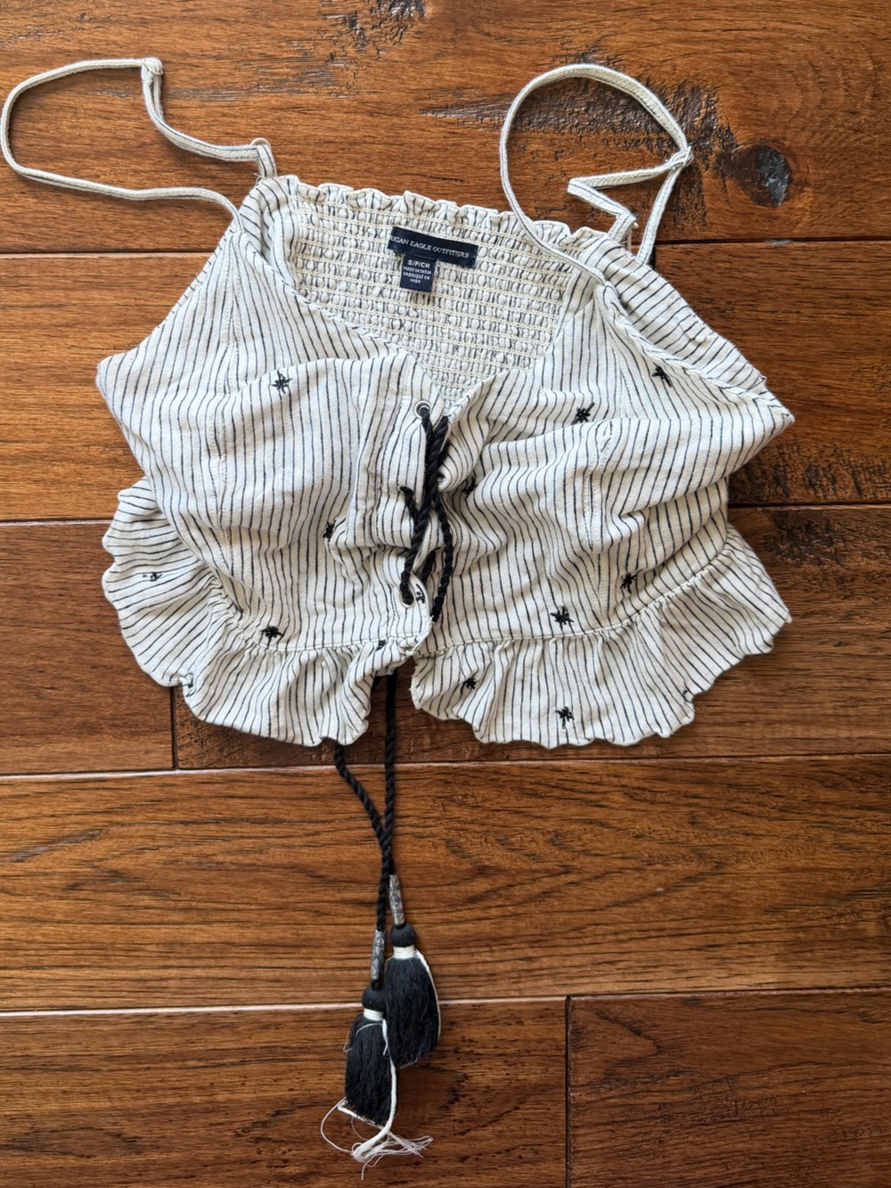 American Eagle Outfitters Cream & Black Striped Smocked Crop Top